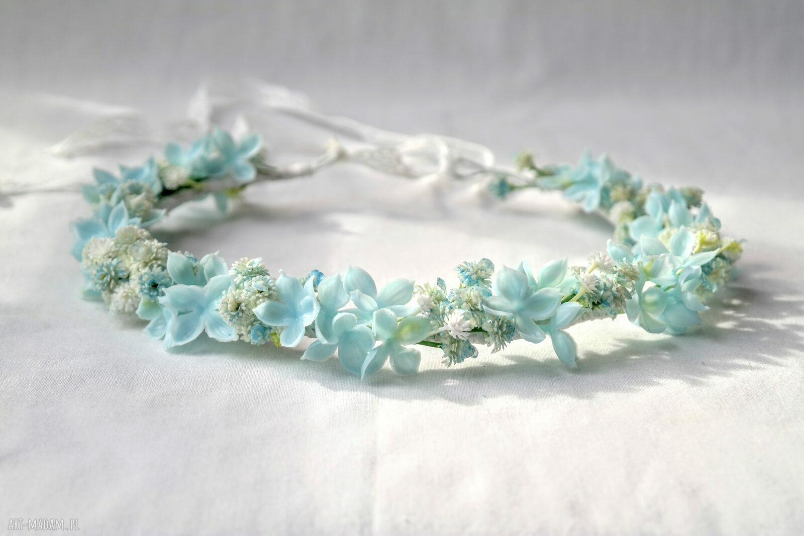 Błękitna Mgiełka - pastelowy wianek ślubny boho handmade na głowę
