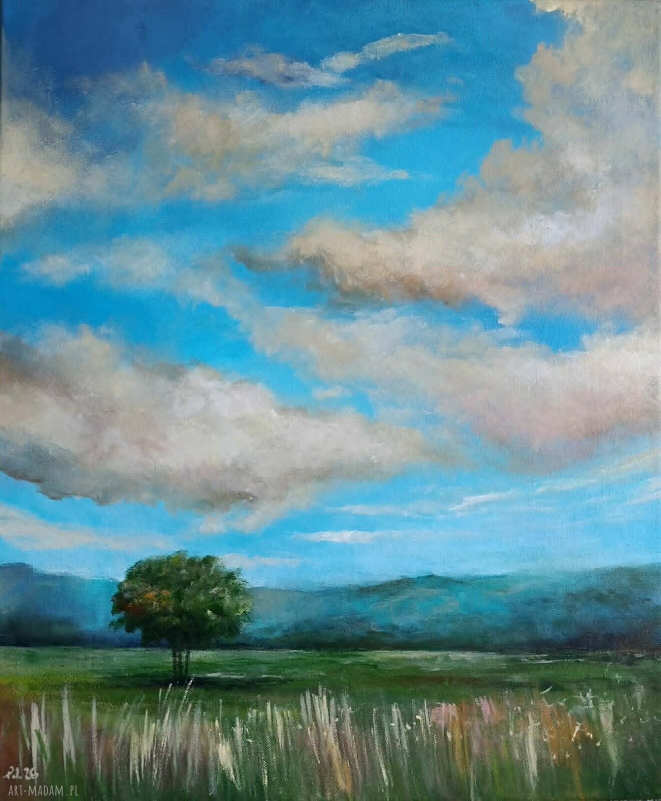 BŁĘKITNE NIEBO - obraz akrylowy na płótnie 60x50 cm, pejzaż niebo i drzewo (bez ramy)