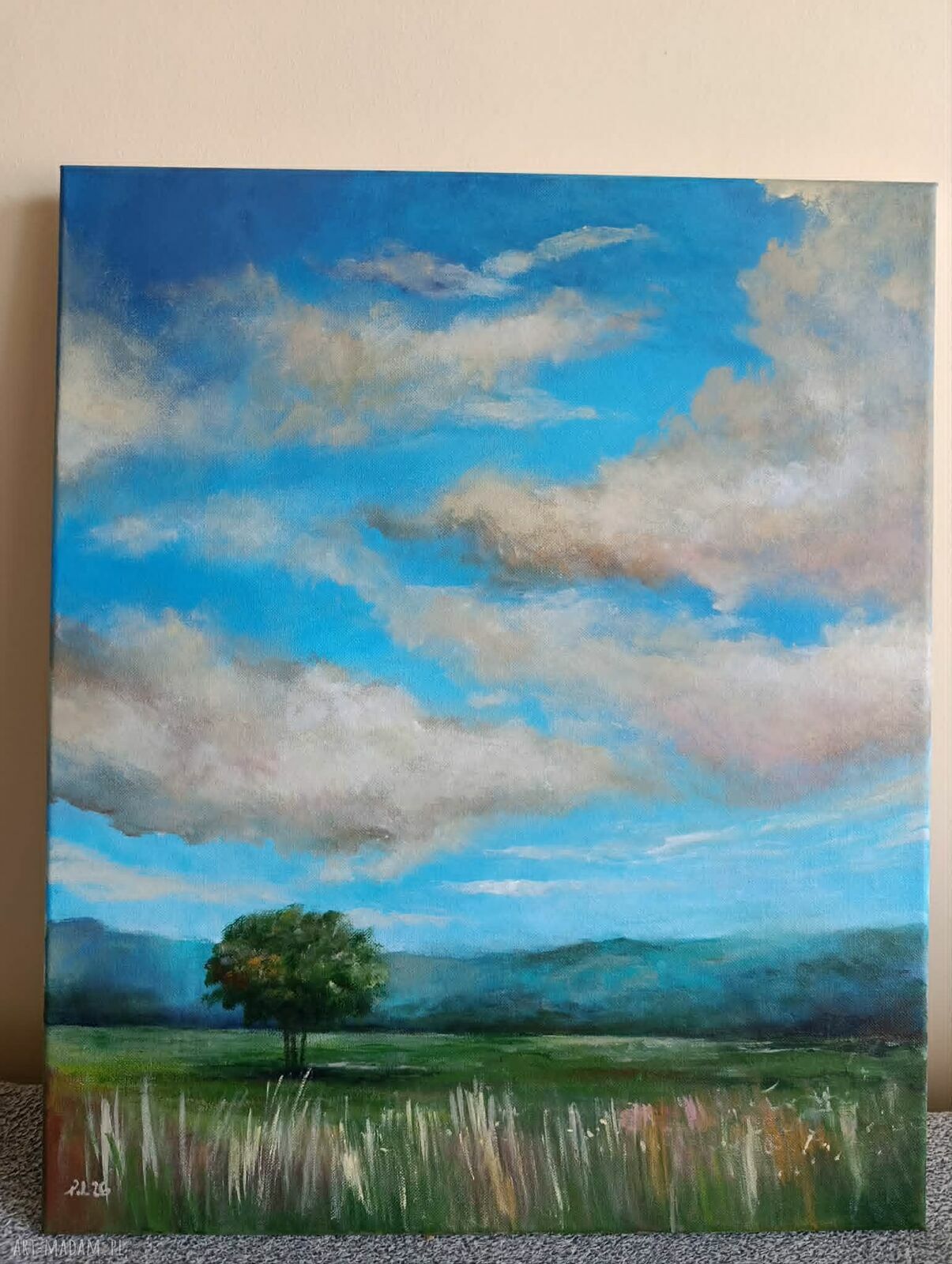 BŁĘKITNE NIEBO - obraz akrylowy na płótnie 60x50 cm, pejzaż niebo i drzewo (bez ramy)