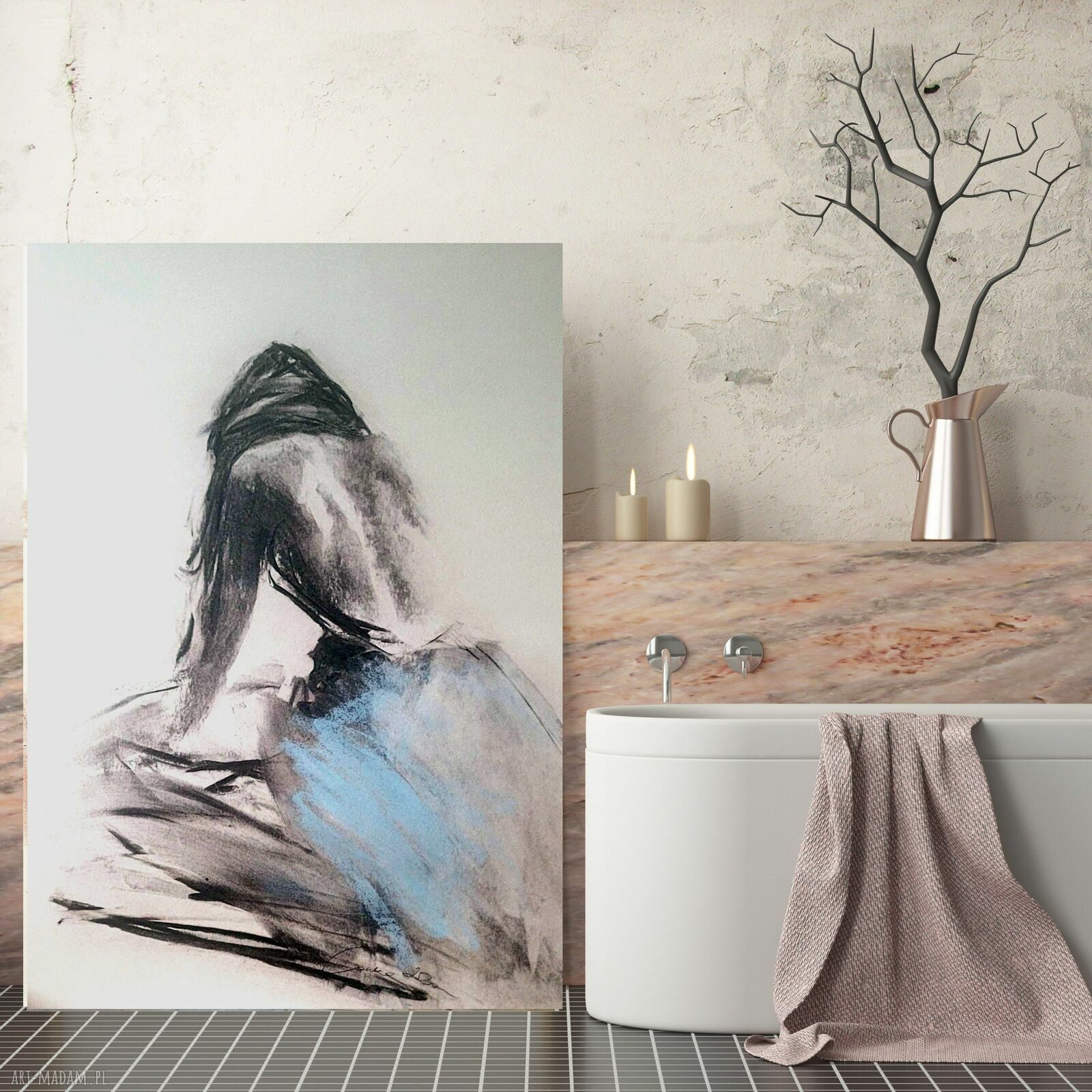 Blue - grafika 100x70 do sypialni, ręcznie wzbogacana pastelą i węglem