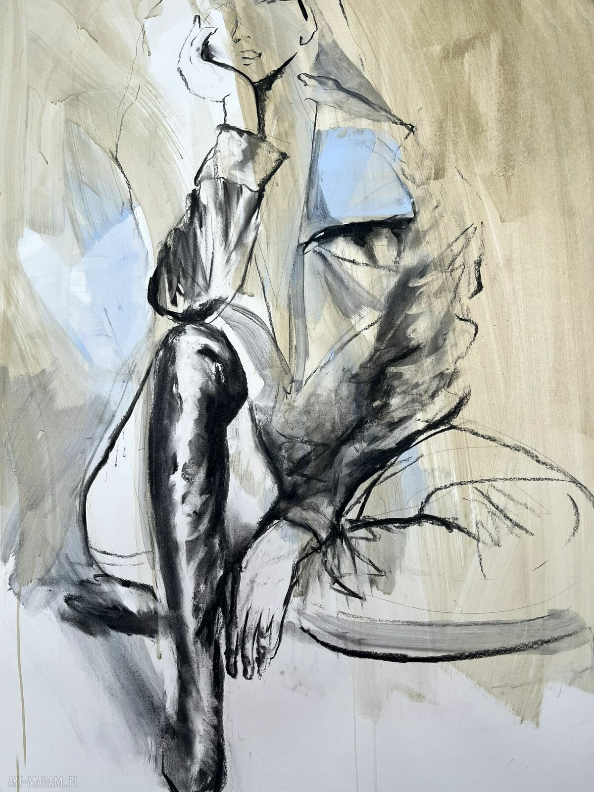 Blue 100x70 - obraz nad łóżko do sypialni w ciepłych beżach i niebiesiach