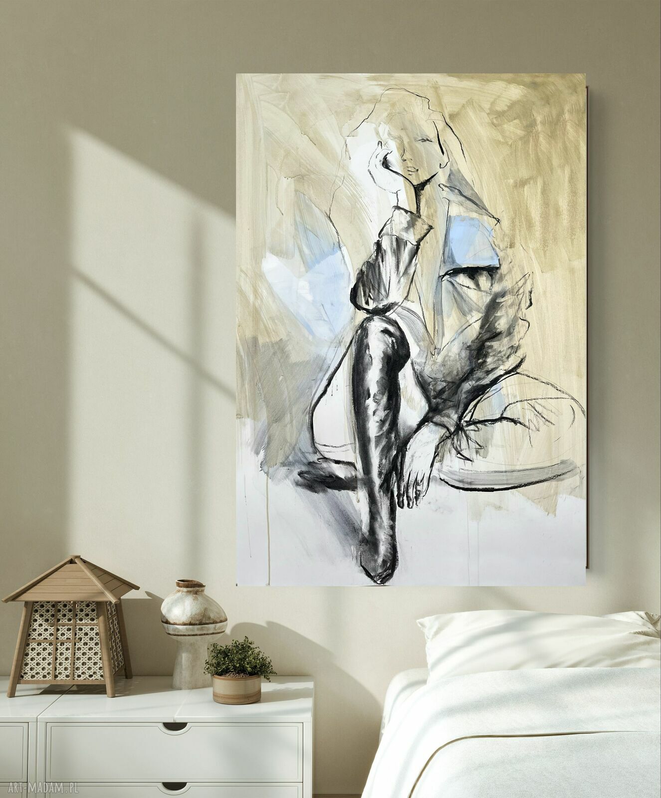 Blue 100x70 - obraz nad łóżko do sypialni w ciepłych beżach i niebiesiach