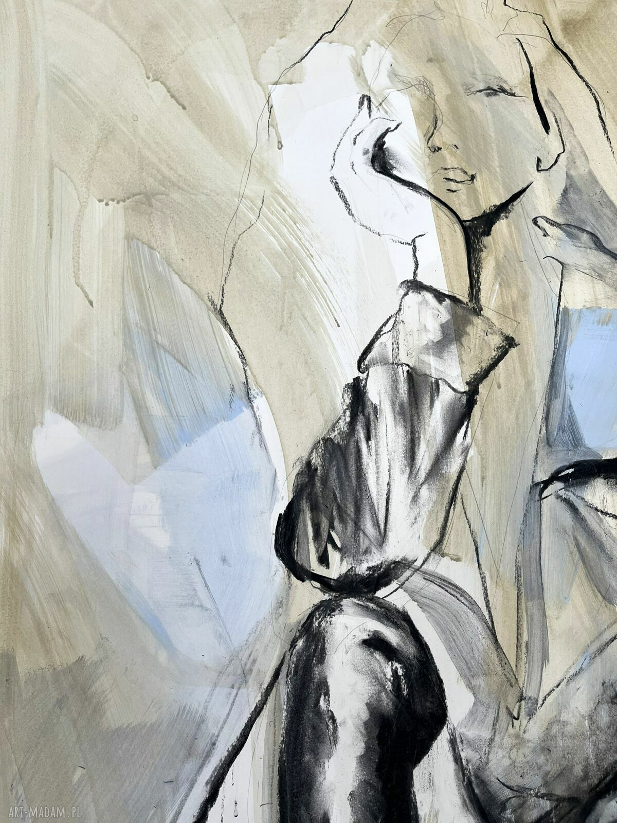 Blue 100x70 - obraz nad łóżko do sypialni w ciepłych beżach i niebiesiach