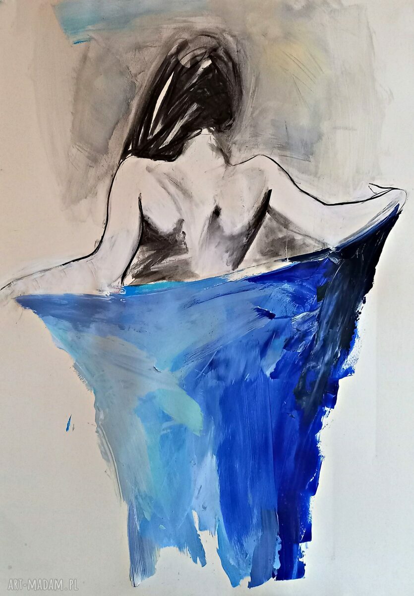 Niebieski obraz 100x70 cm - autorska grafika z kobiecą postacią do salonu