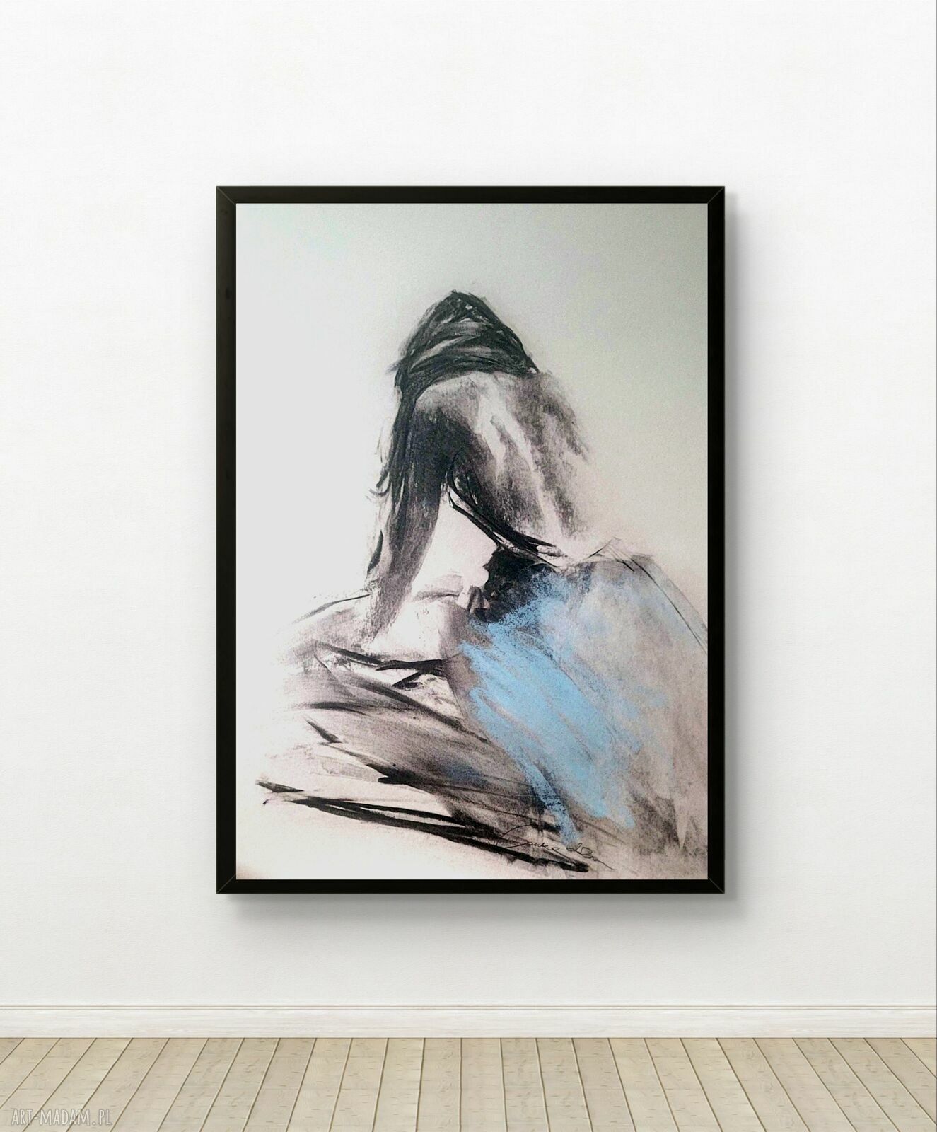 Blue - grafika 100x70 do sypialni, ręcznie wzbogacana pastelą i węglem
