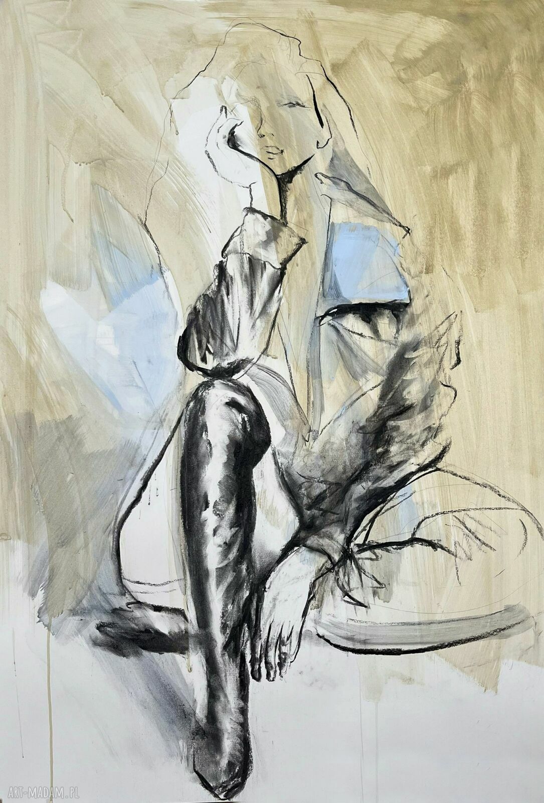 Blue 100x70 - obraz nad łóżko do sypialni w ciepłych beżach i niebiesiach