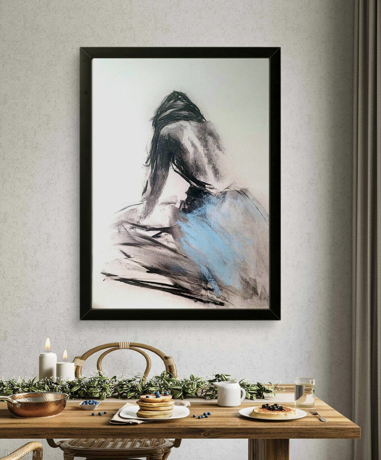 Blue - grafika 100x70 do sypialni, ręcznie wzbogacana pastelą i węglem