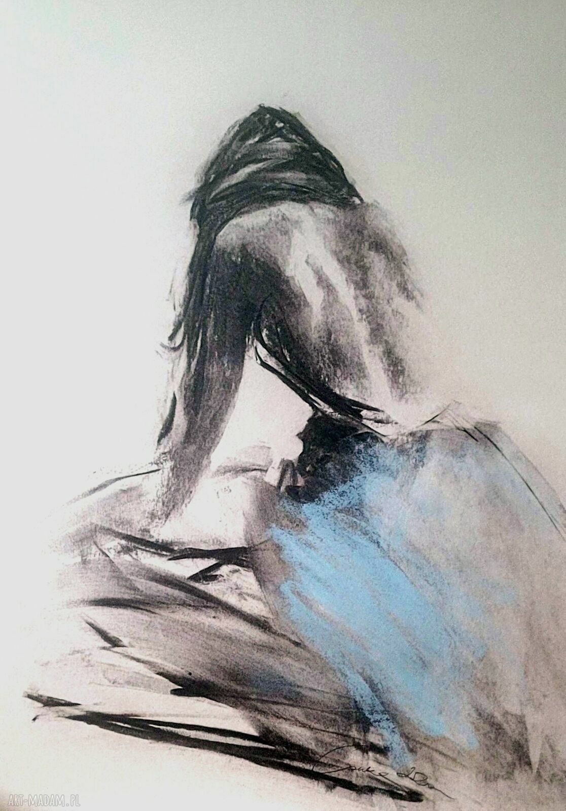 Blue - grafika 100x70 do sypialni, ręcznie wzbogacana pastelą i węglem