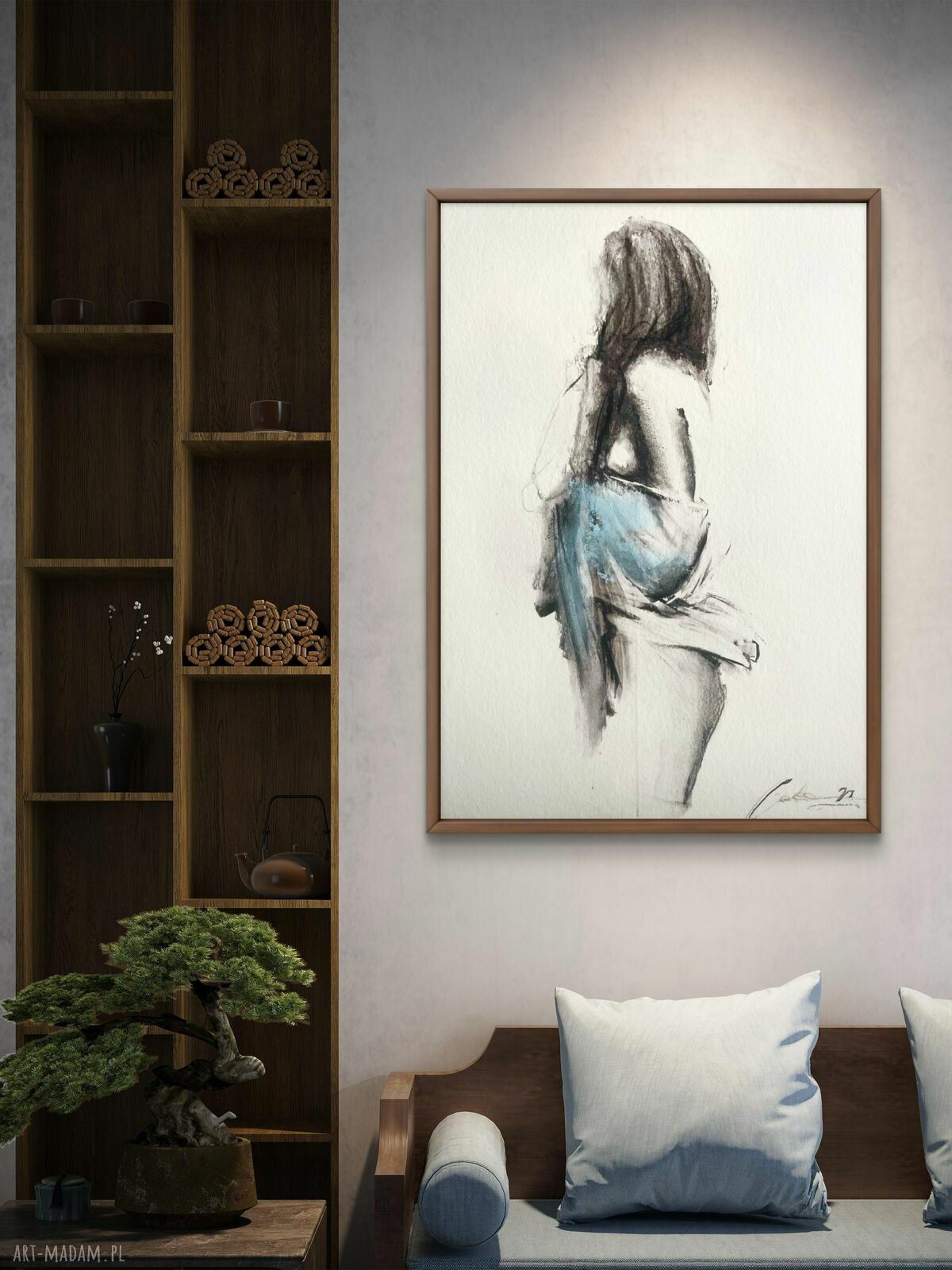 Blue - 100x70 cm: kobieca grafika nad łóżko z węglem i błękitnym pastelem