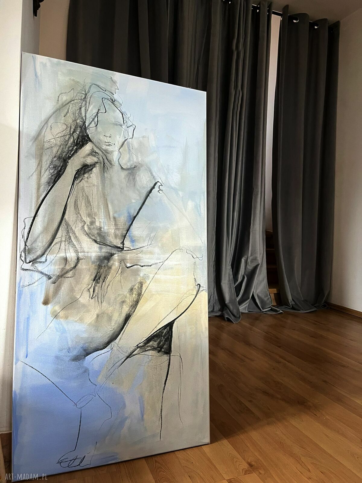 Blue - obraz na płótnie 120x60 cm z motywem kobiety węgiel i akryl