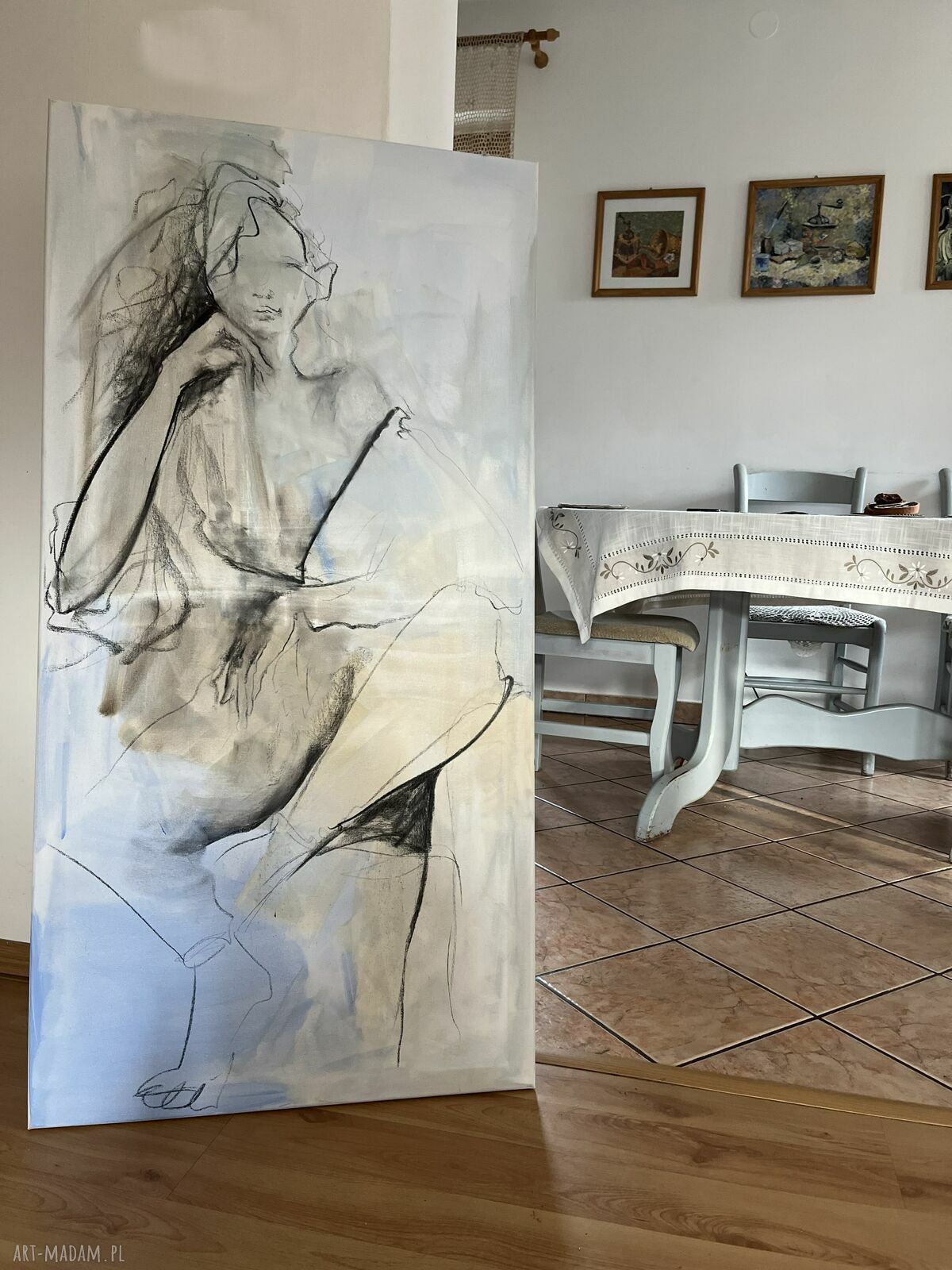 Blue - obraz na płótnie 120x60 cm z motywem kobiety (węgiel i akryl)