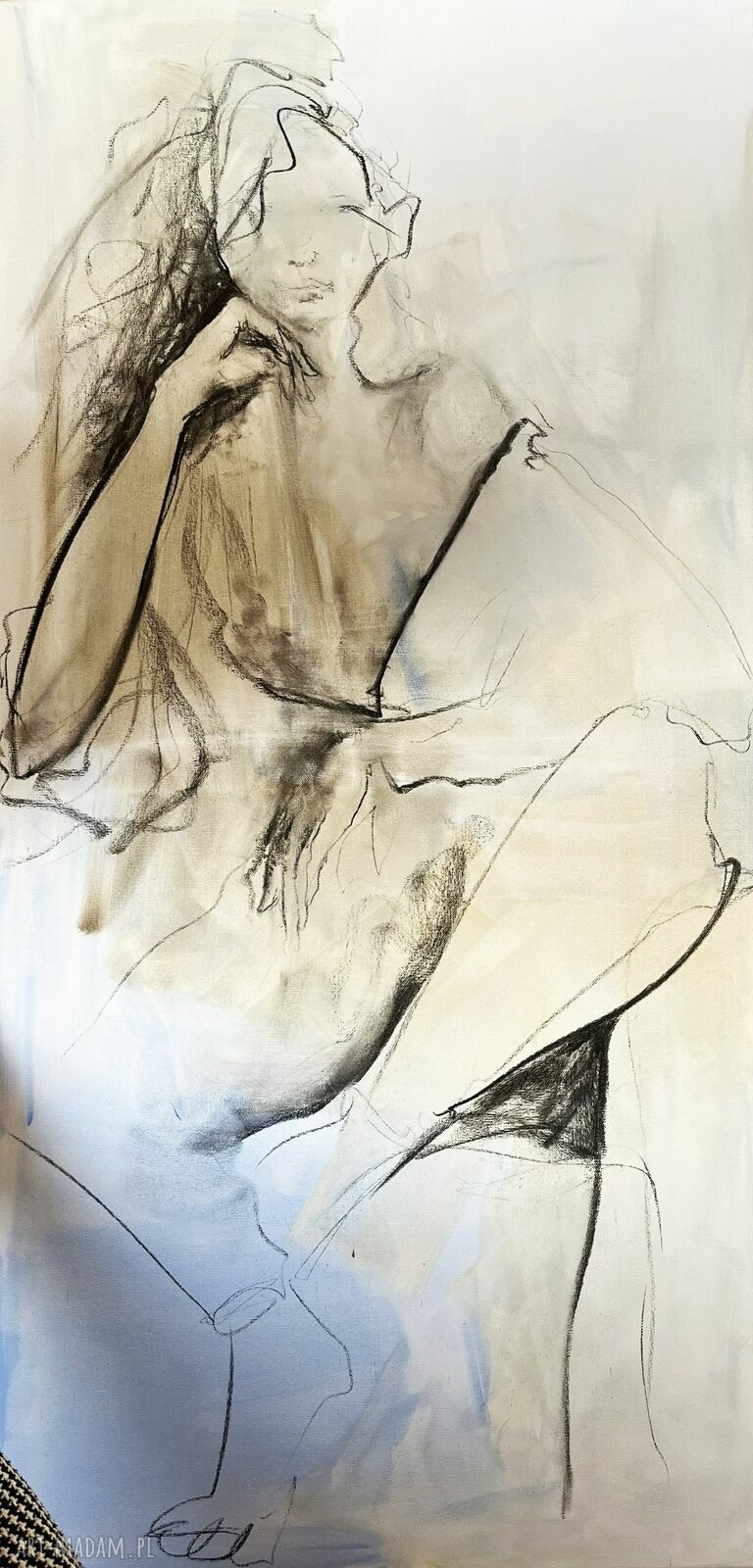 Blue - obraz na płótnie 120x60 cm z motywem kobiety (węgiel i akryl)