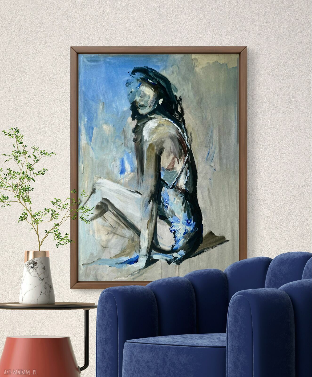 Blue Dress 120x80 - obraz kobiety w niebieskim stylu, inkografia Louka