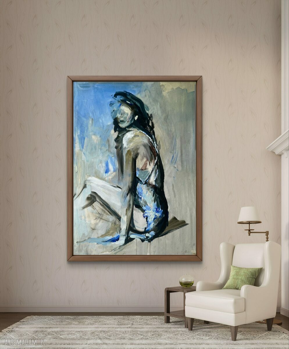 Blue Dress 120x80 - obraz kobiety w niebieskim stylu, inkografia Louka