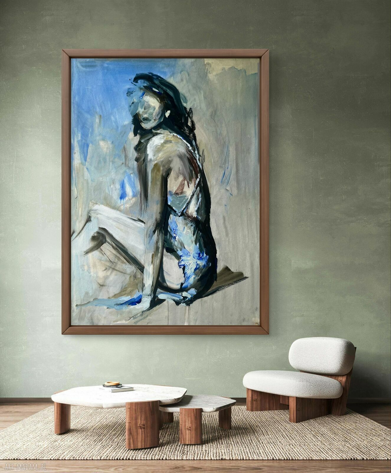 Blue Dress 120x80 - obraz kobiety w niebieskim stylu, inkografia Louka