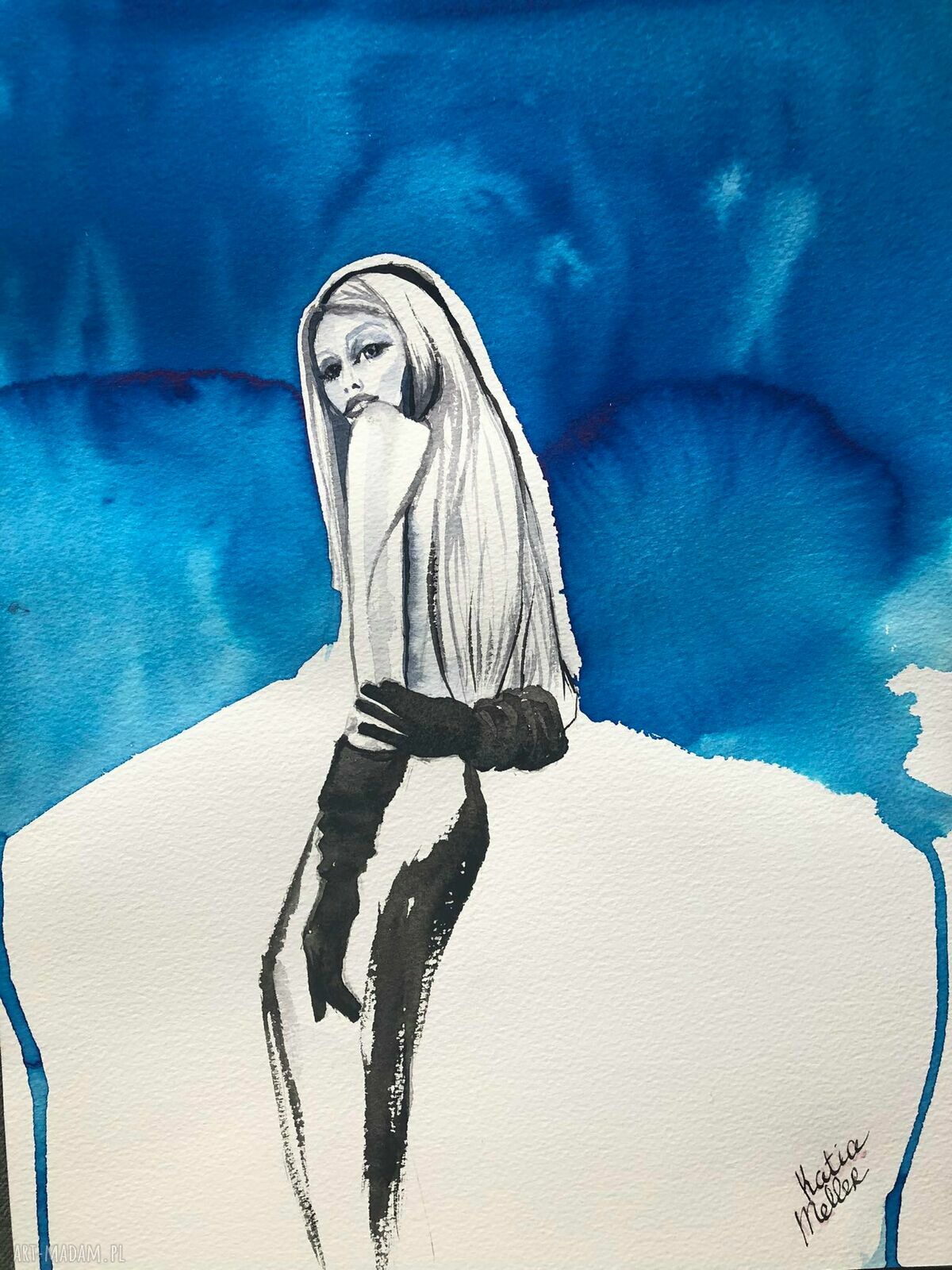 Blue - niebieski obraz akwarelowy ręcznie malowany 30x40 z passe partout