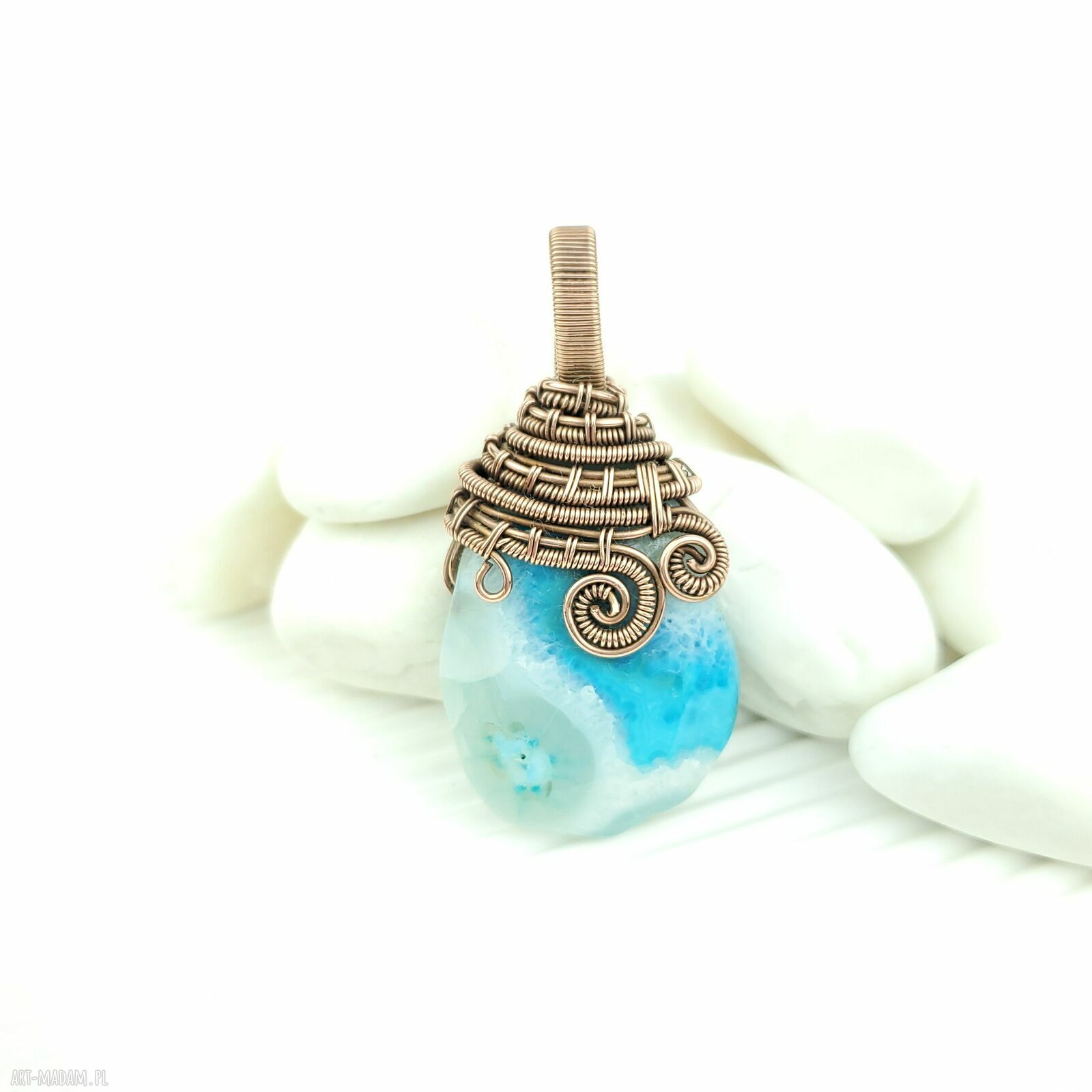 Wisiorek wire wrapping z agatem - miedziany dwustronny
