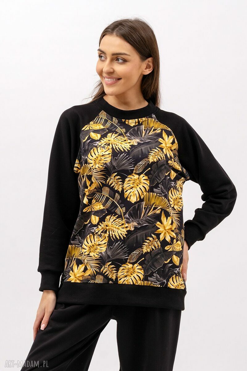Bluza Basic Raglan „Zuhal” - czarna w złote liście