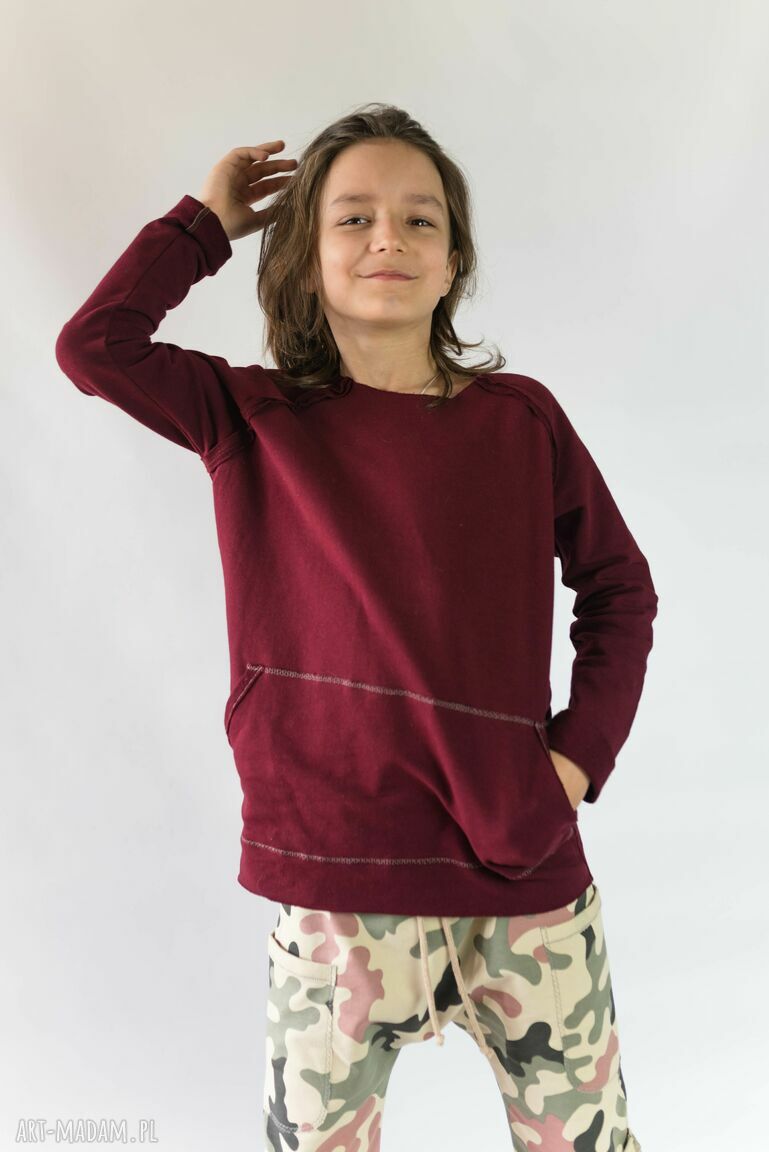 Bluza BASIC bordowa - bawełna 95% i rękawy raglan z kieszenią z przodu