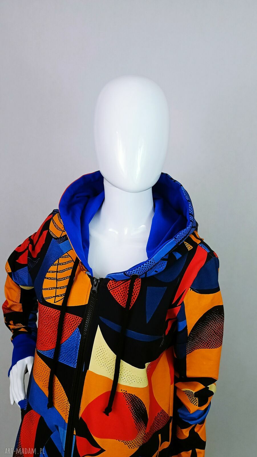 Długa bluza damska rozpinana BAUHAUS style MARGO z kapturem i ozdobnym zamkiem z tyłu