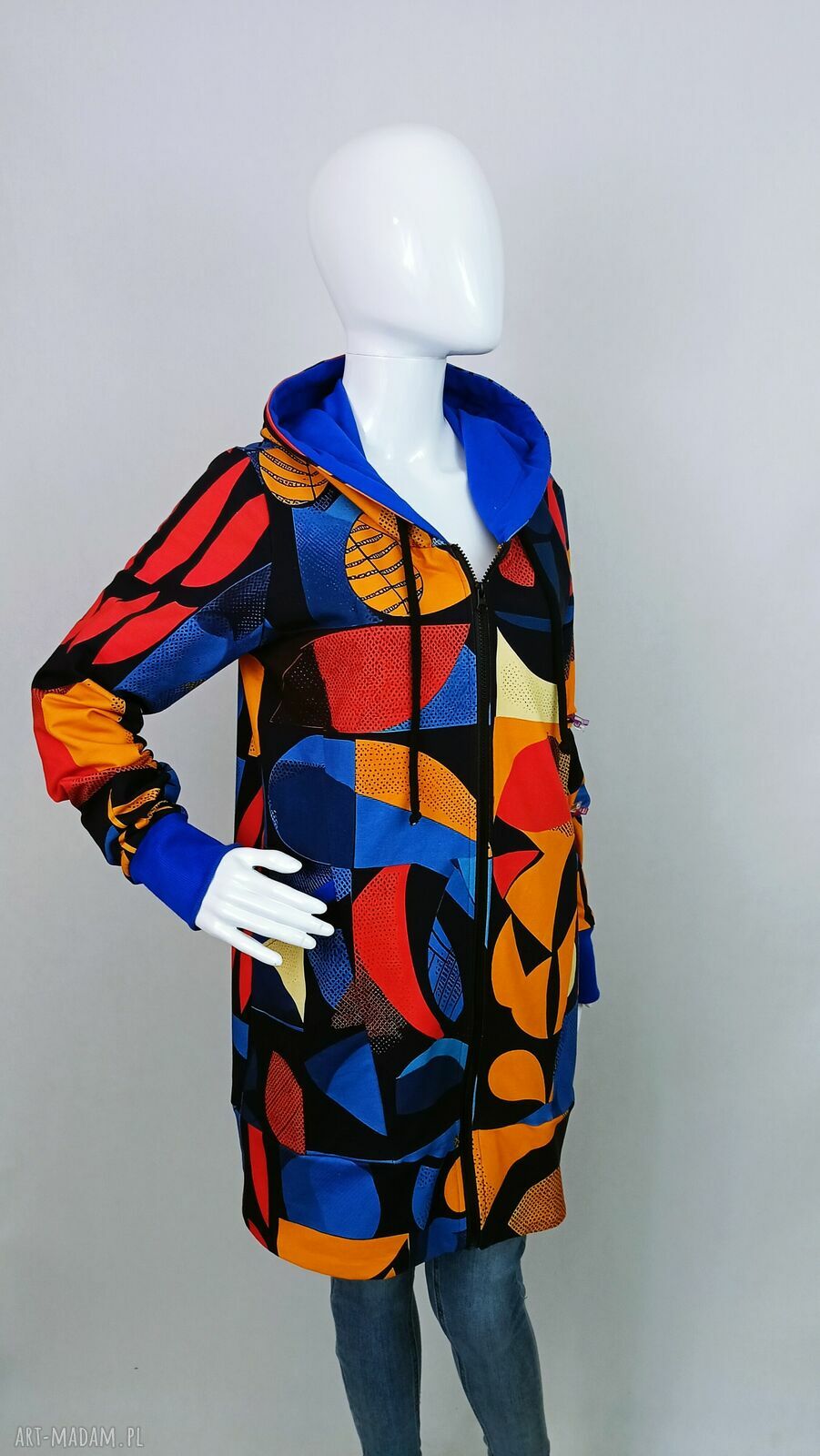 Długa bluza damska rozpinana BAUHAUS style MARGO z kapturem i ozdobnym zamkiem z tyłu