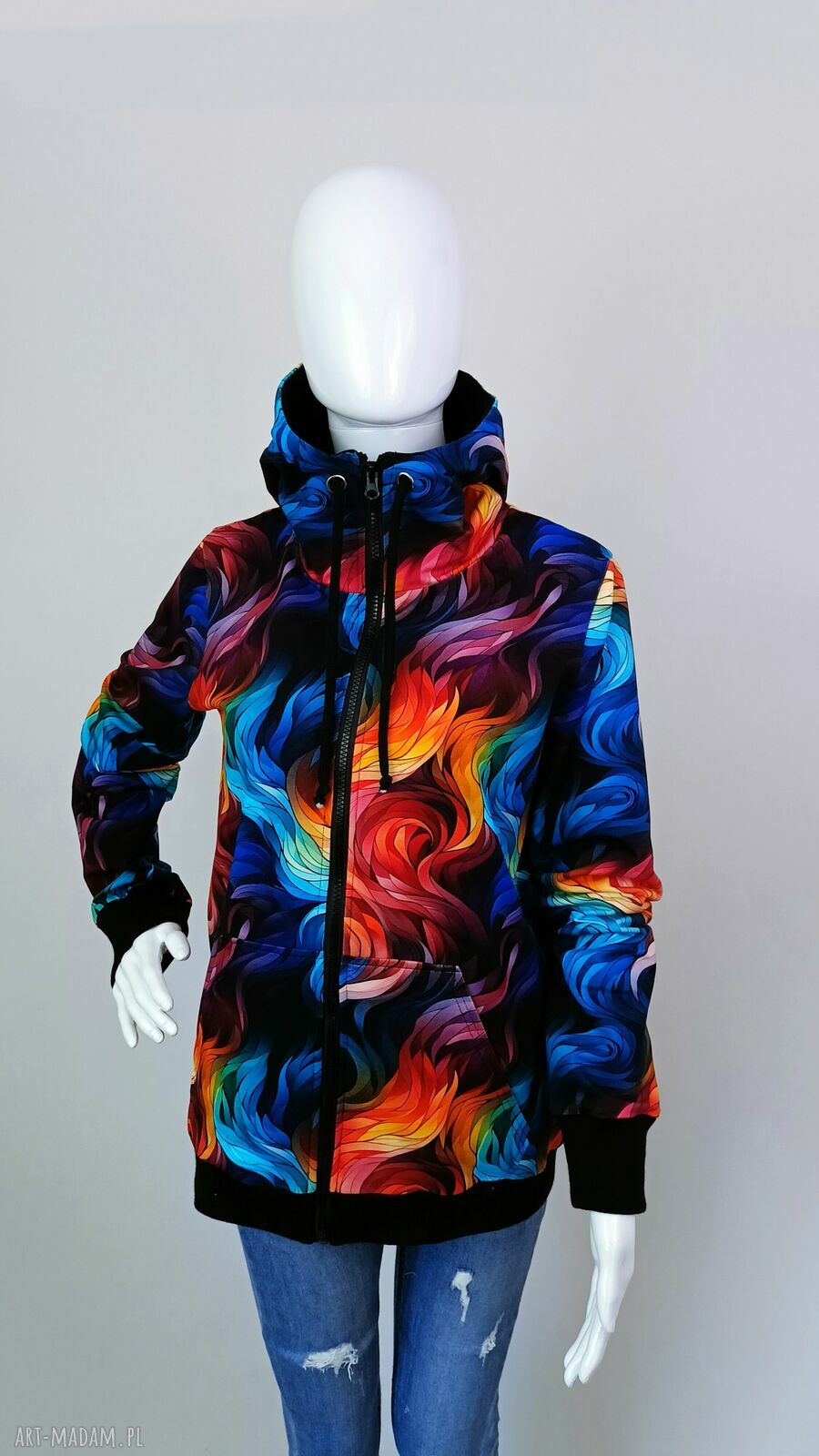 Bluza damska rozpinana na zamek FALE KOLOROWE 5XL - kaptur i kieszenie