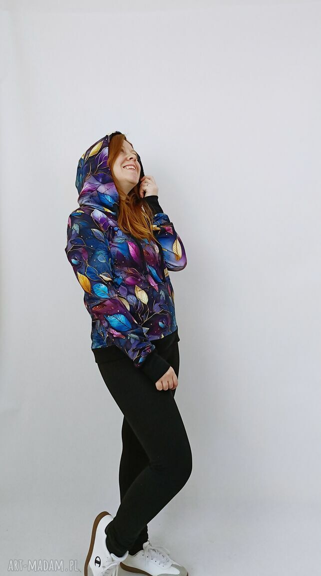 Bluza damska kangurka Fioletowe Liście Nocą z kapturem - handmade