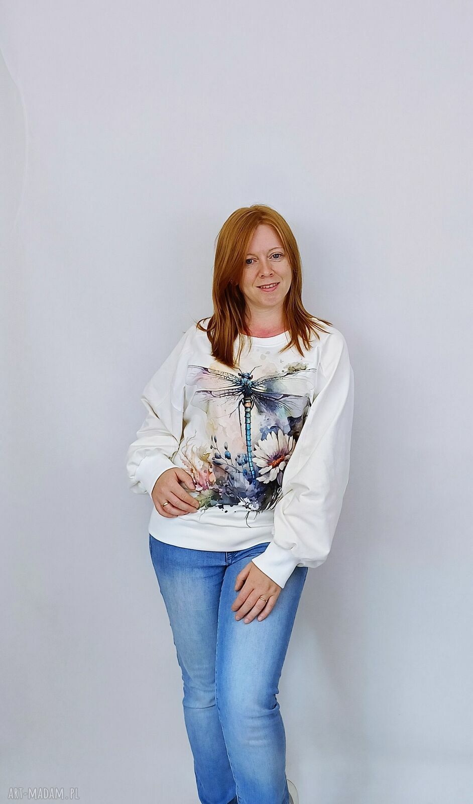 Bluza damska WAŻKA - kremowa, ręcznie szyta bawełniana bluza z ściągaczami