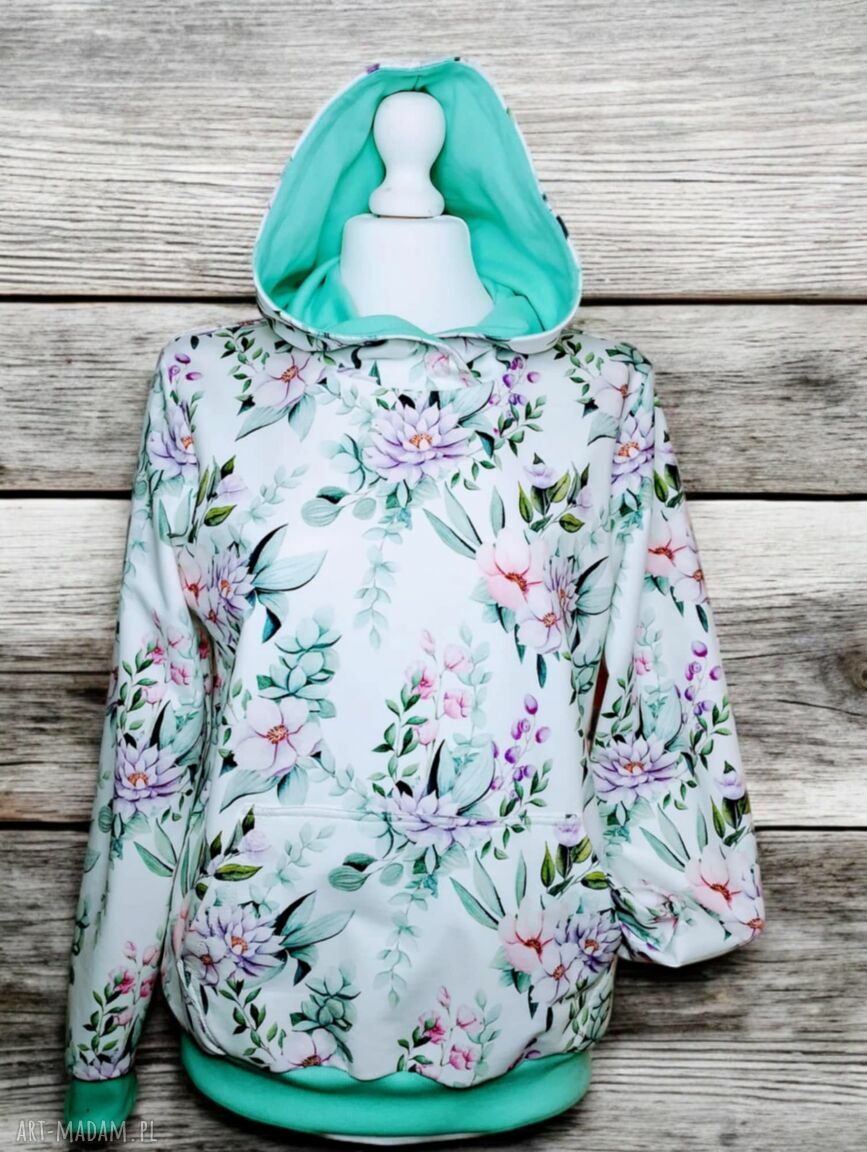 Bluza damska miętowa "Kwiaty" z kapturem