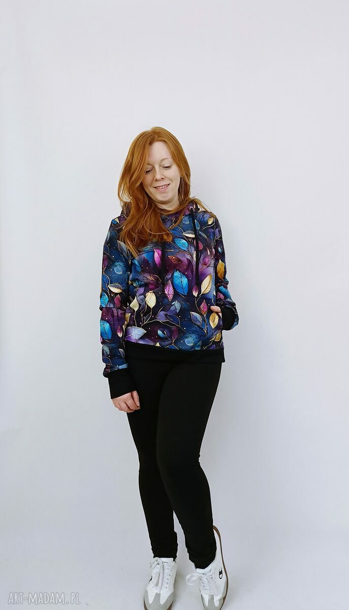 Bluza damska kangurka Fioletowe Liście Nocą z kapturem - handmade