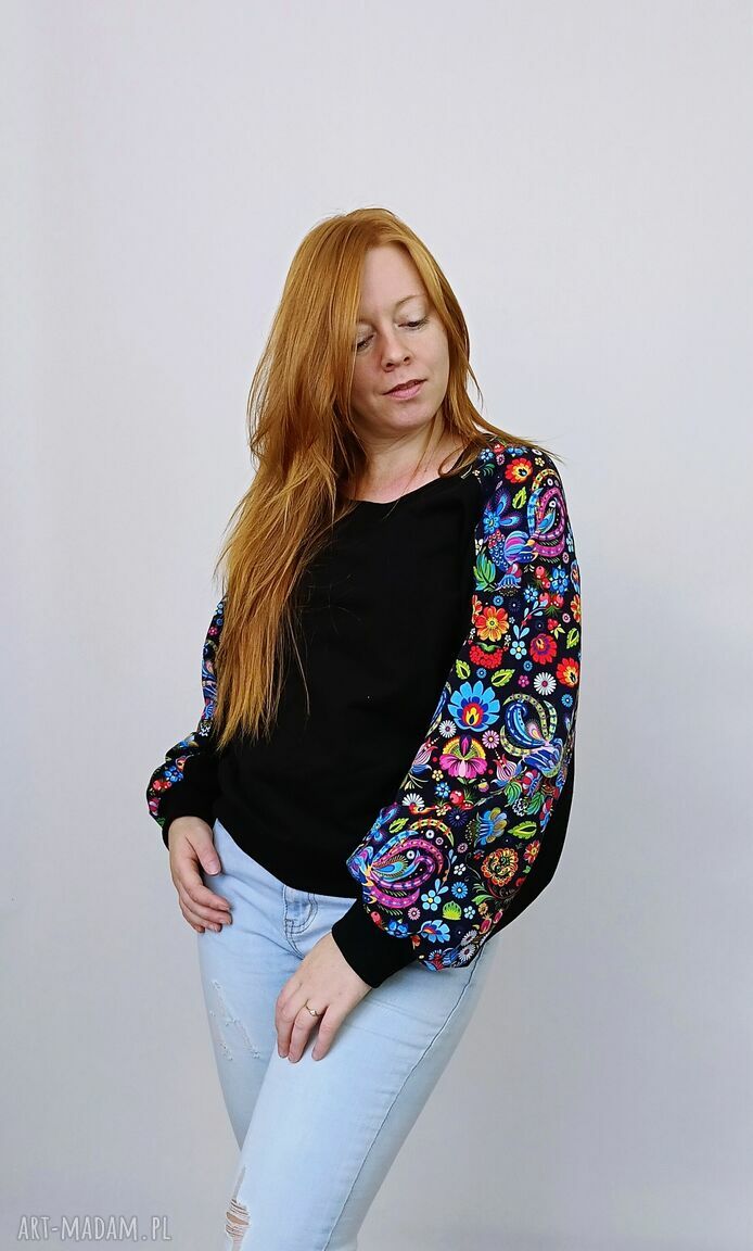 Bluza damska LOVA - łowicki wzór czarny z zieloną nitką