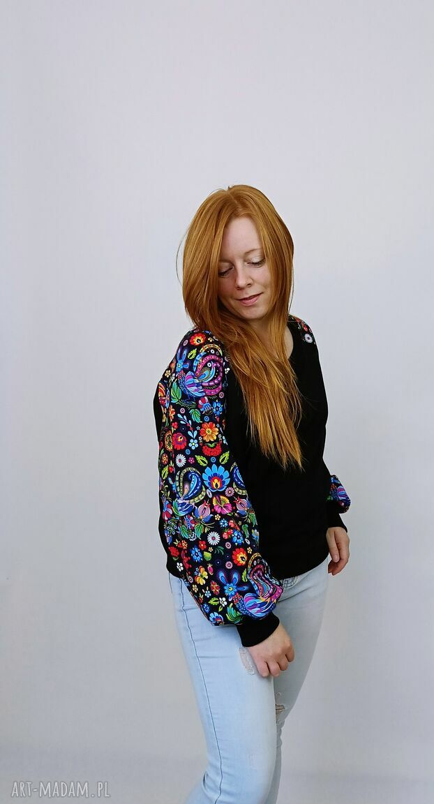 Bluza damska LOVA - łowicki wzór czarny z zieloną nitką
