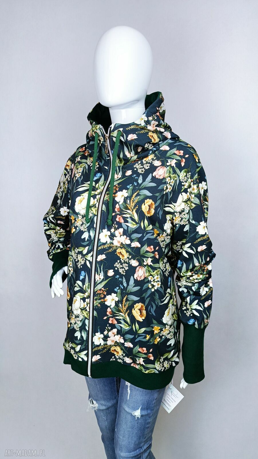 Bluza damska z kapturem rozpinana na zamek - VINTAGE w butelkowej zieleni