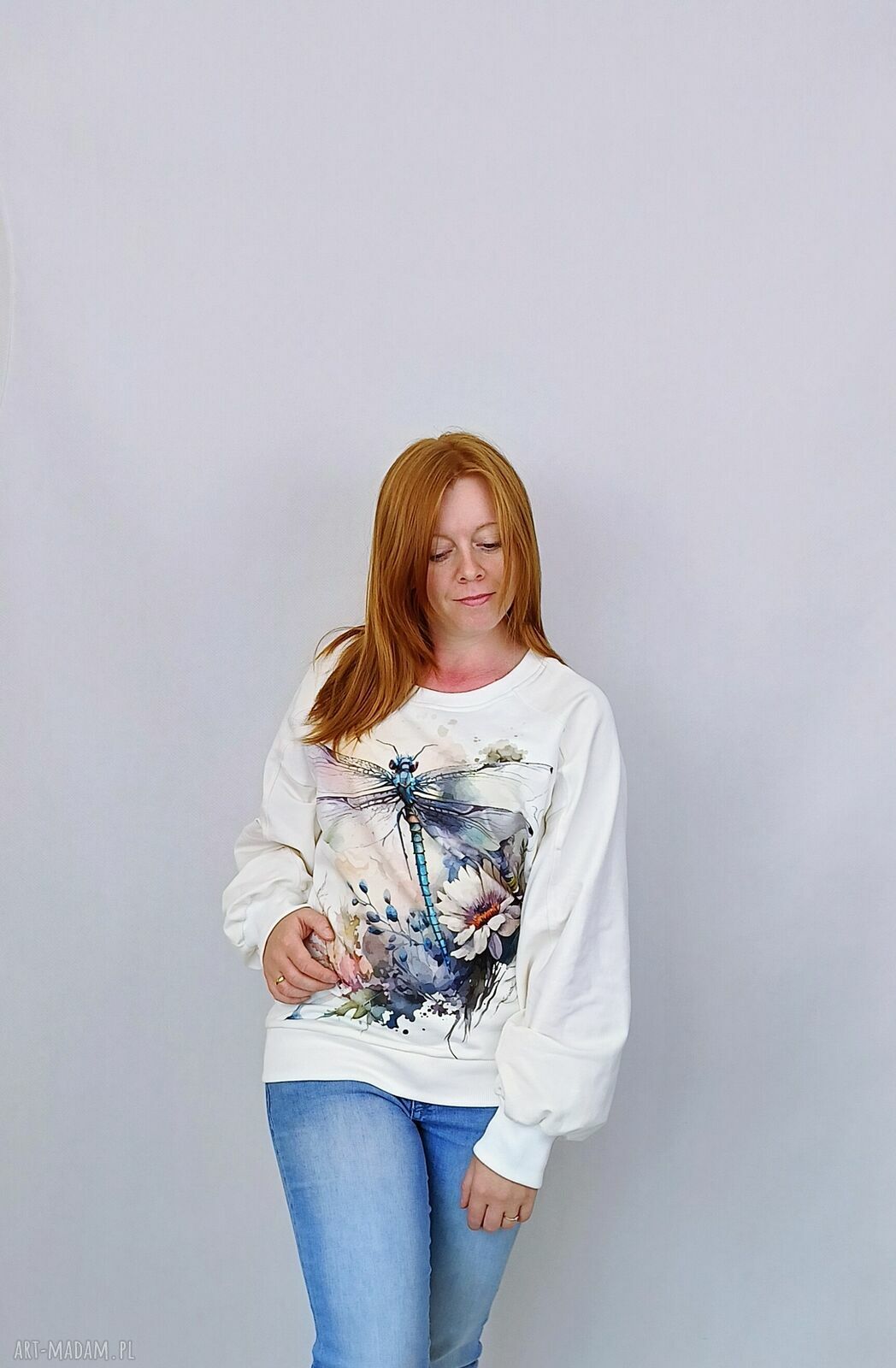 Bluza damska WAŻKA - kremowa, ręcznie szyta bawełniana bluza z ściągaczami