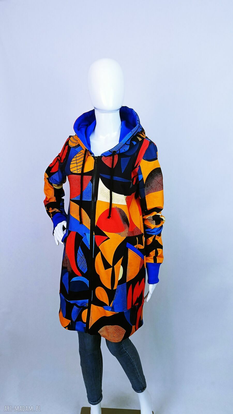 Długa bluza damska rozpinana BAUHAUS style MARGO z kapturem i ozdobnym zamkiem z tyłu