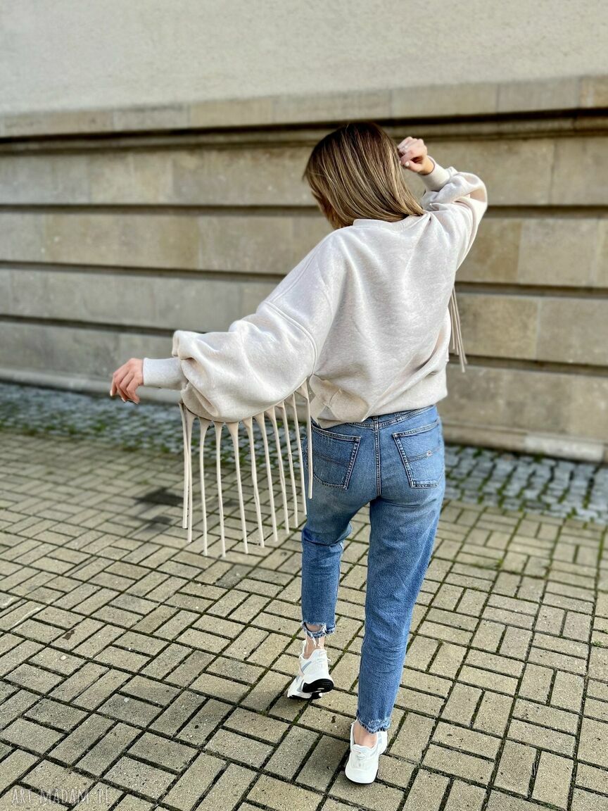 Bluza damska boho Smooth Jazz - frędzle, beżowy melanż i miś w środku
