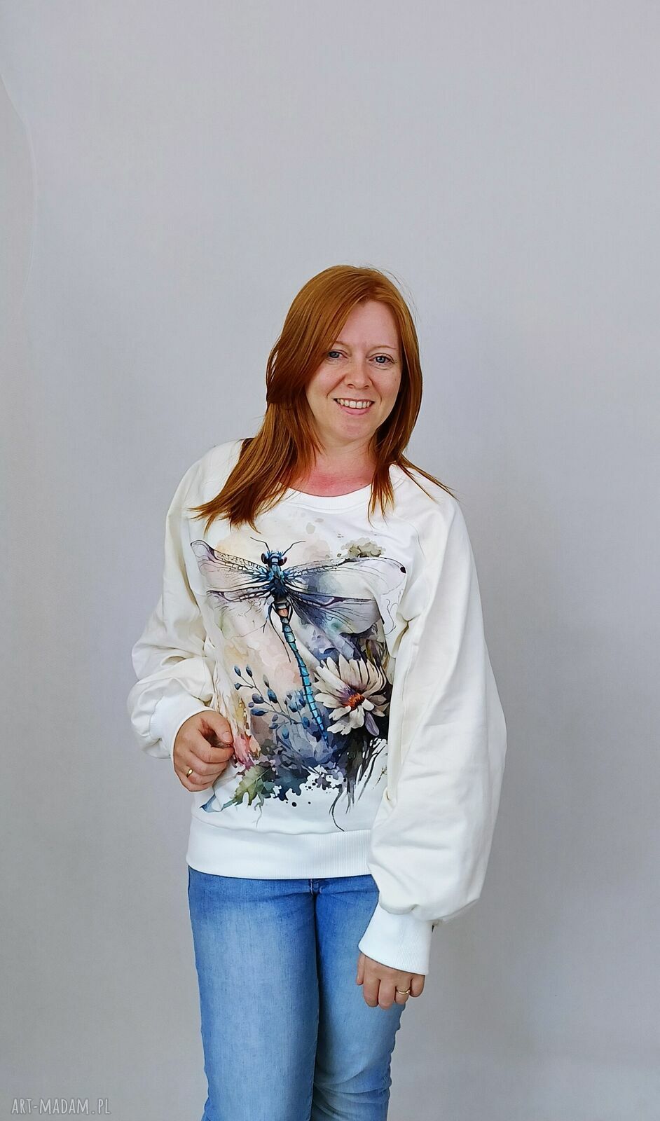 Bluza damska WAŻKA - kremowa, ręcznie szyta bawełniana bluza z ściągaczami