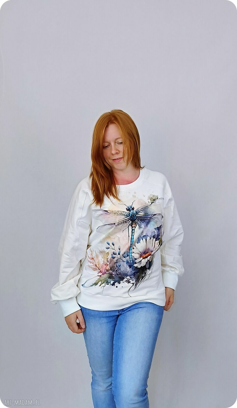 Bluza damska WAŻKA - kremowa, ręcznie szyta bawełniana bluza z ściągaczami