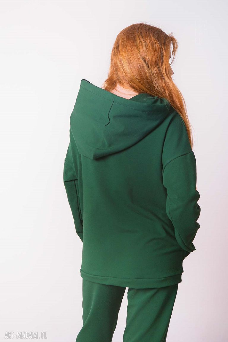 Bluza damska zielona butelka z kapturem - ręcznie szyta