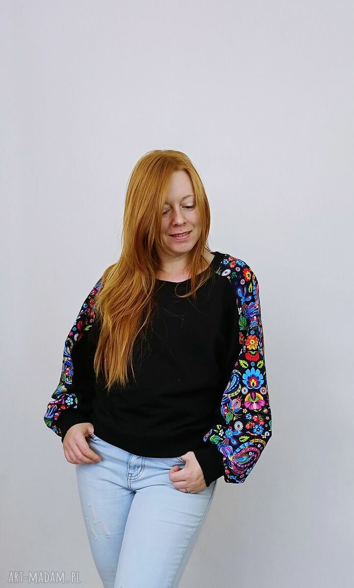 Bluza damska LOVA - łowicki wzór czarny z zieloną nitką