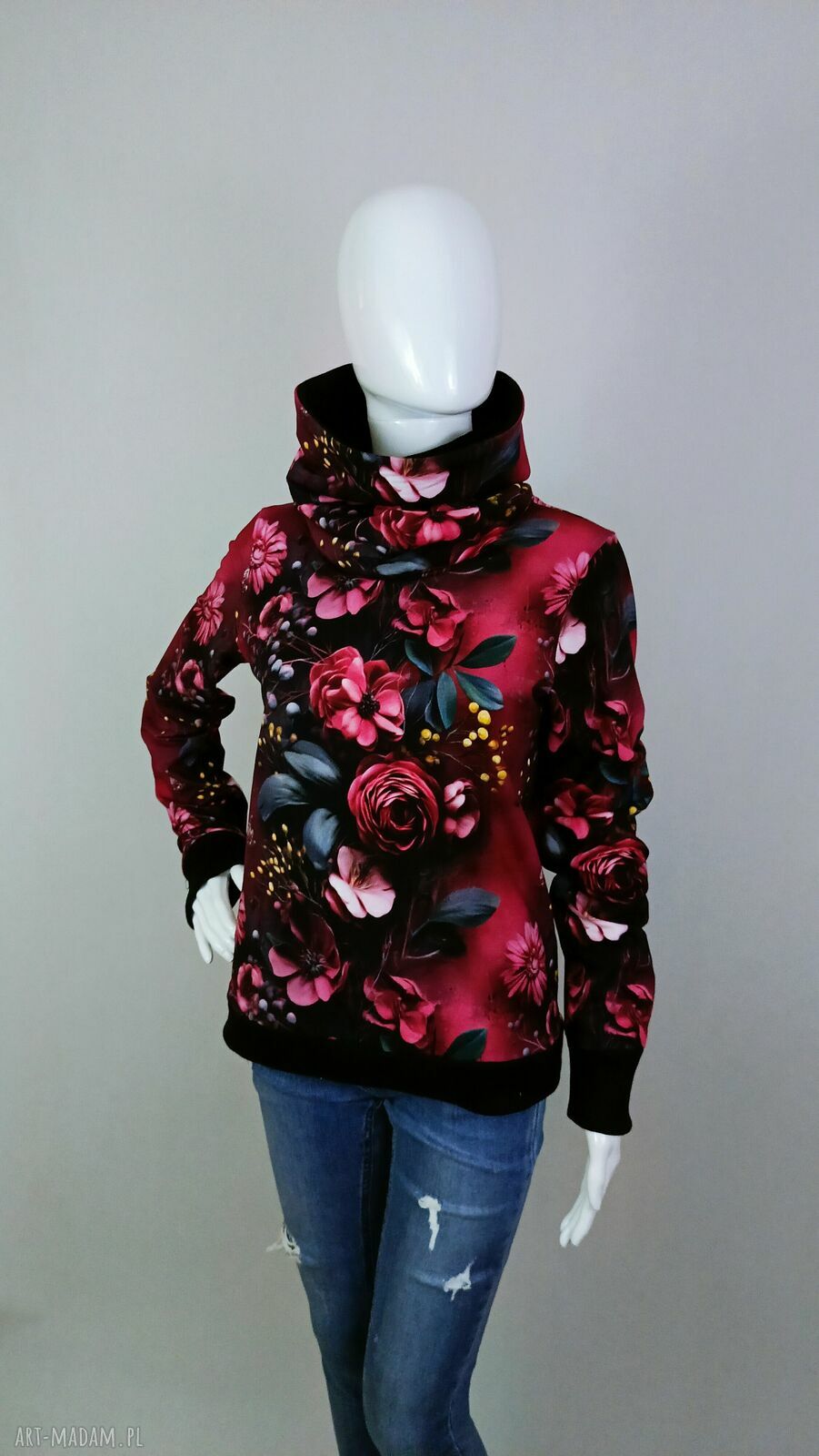 Bluza damska z kominem Burgundowy Ogród - kwiaty