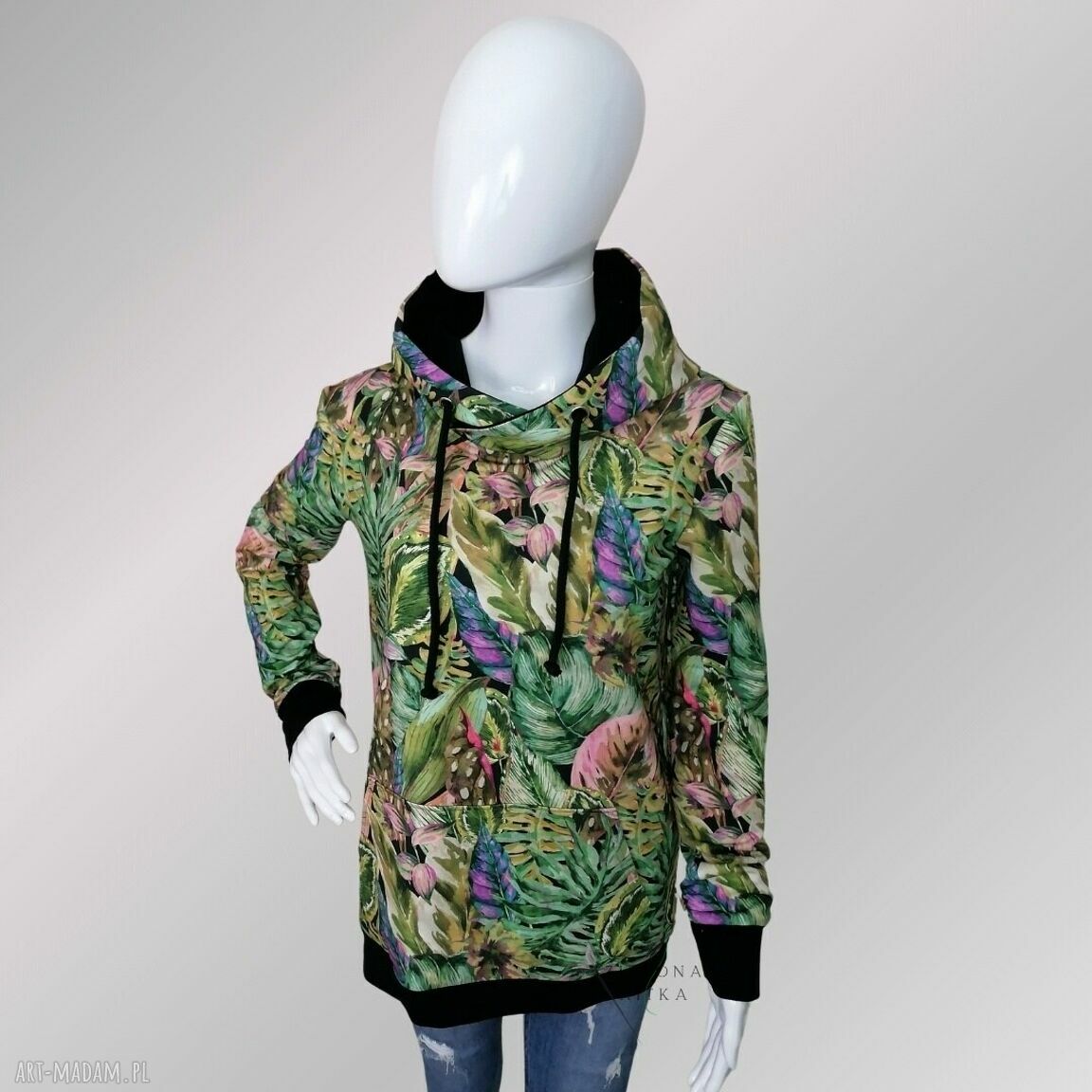 Bluza damska kangurka z kapturem - egzotyczne liście (rękodzieło)