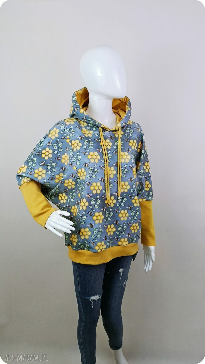 Bluza damska ACTIVE z kapturem Pszczoły (oversize) - ręczne szycie