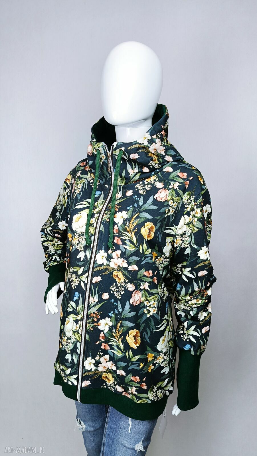 Bluza damska z kapturem rozpinana na zamek - VINTAGE w butelkowej zieleni