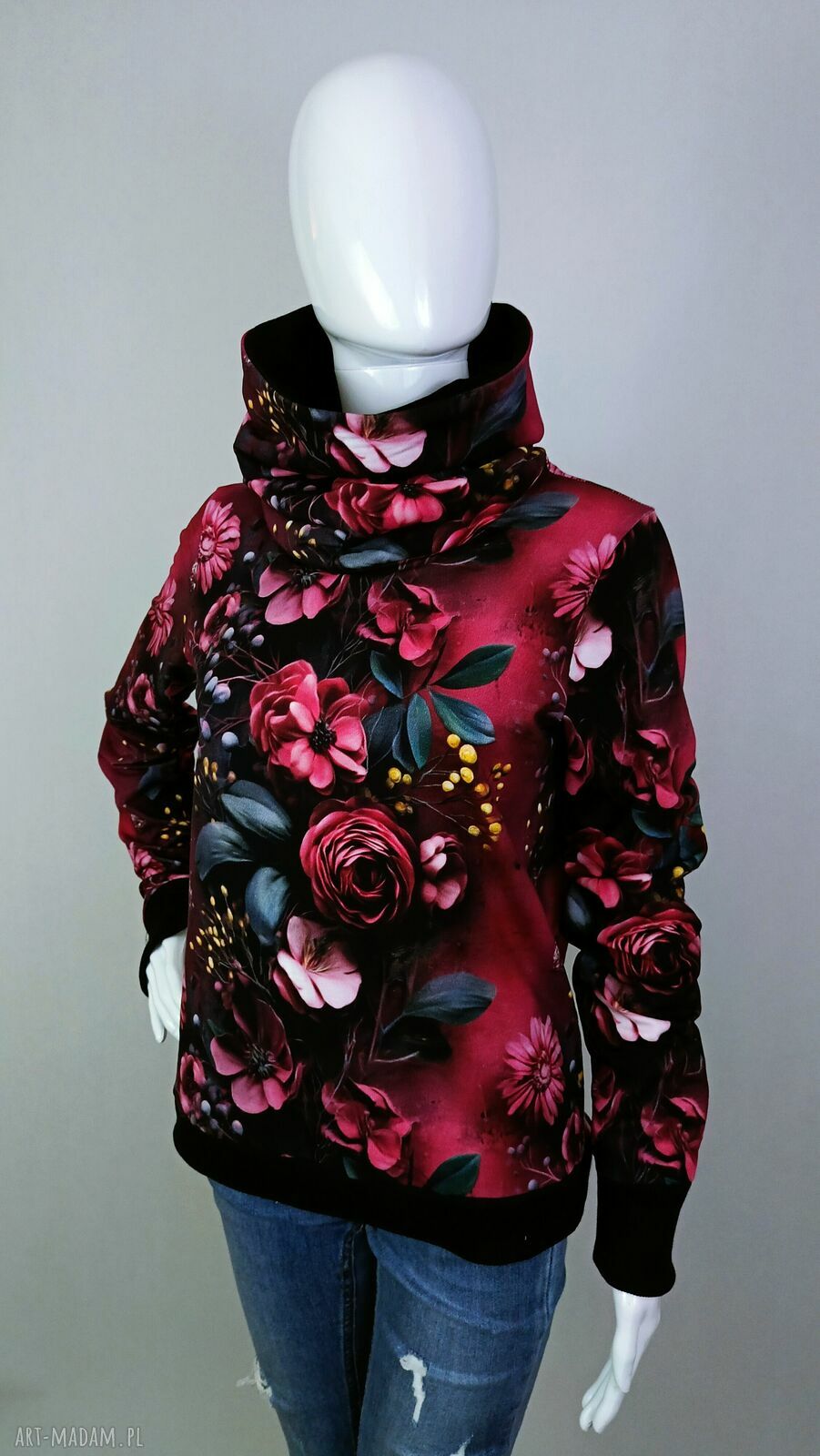 Bluza damska z kominem Burgundowy Ogród - kwiaty