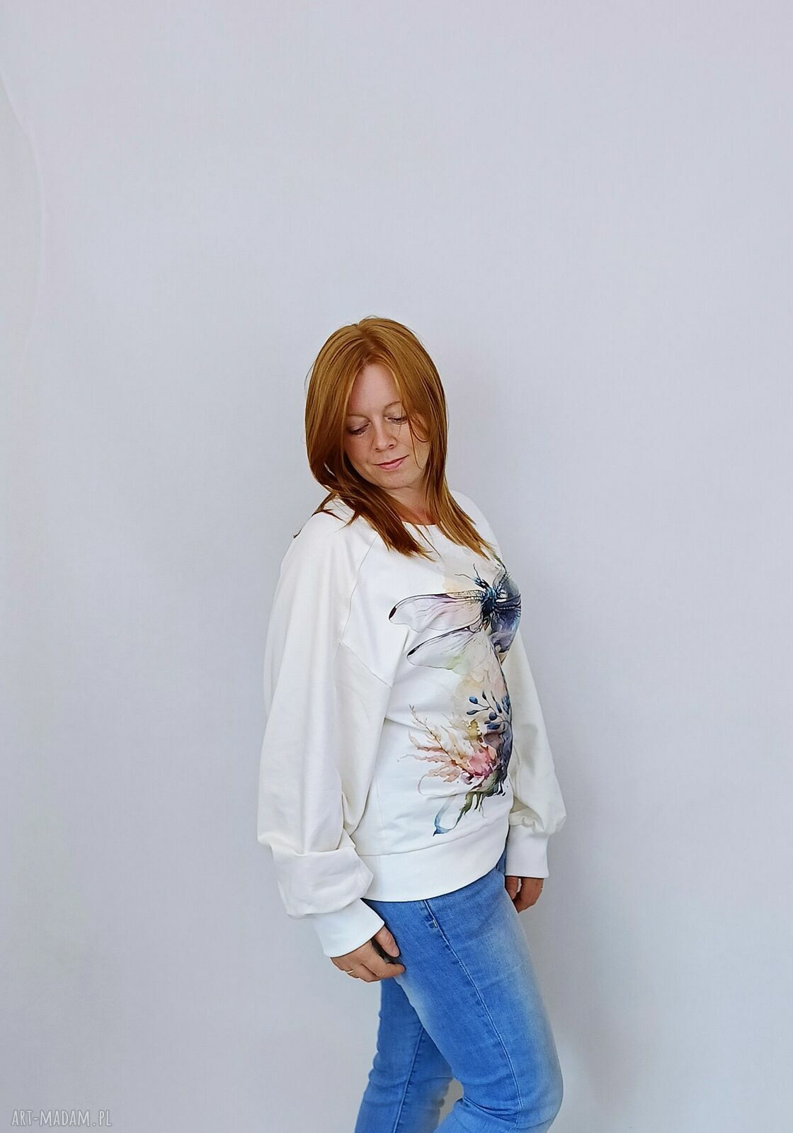 Bluza damska WAŻKA - kremowa, ręcznie szyta bawełniana bluza z ściągaczami