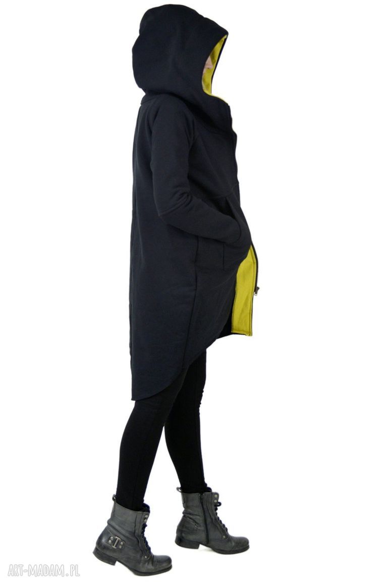 Bluza z kapturem Saloni zip - asymetryczny kardigan w czarno-żółtej bawełnie