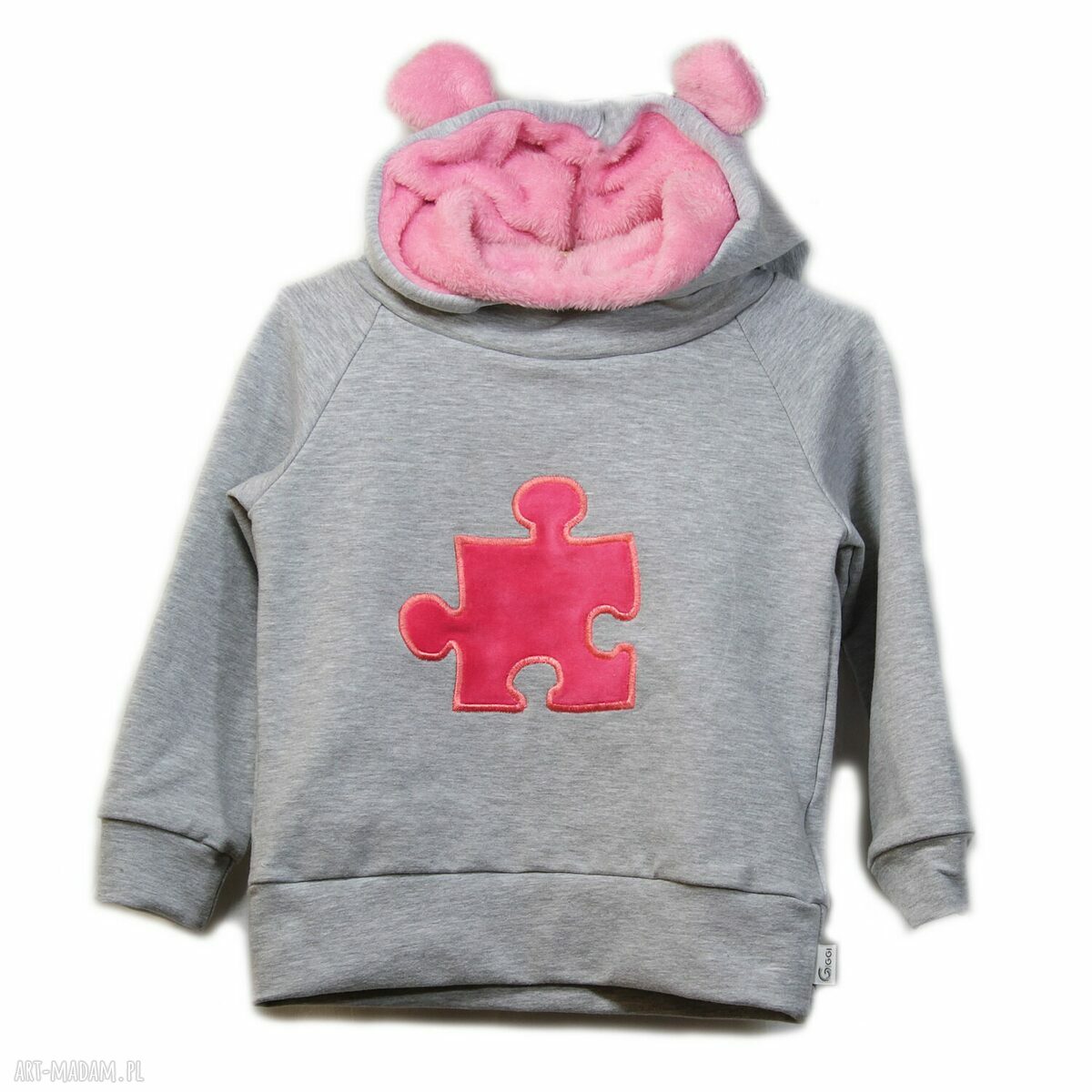 Bluza dresowa szara z kapturem i aplikacją w różowe puzzle