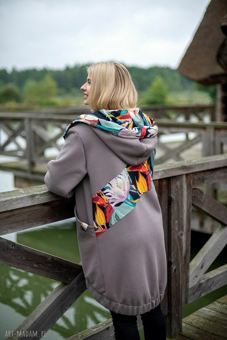 Bluza dresowa bawełniana handmade Kalie Mysz - szara z aplikacją patchwork