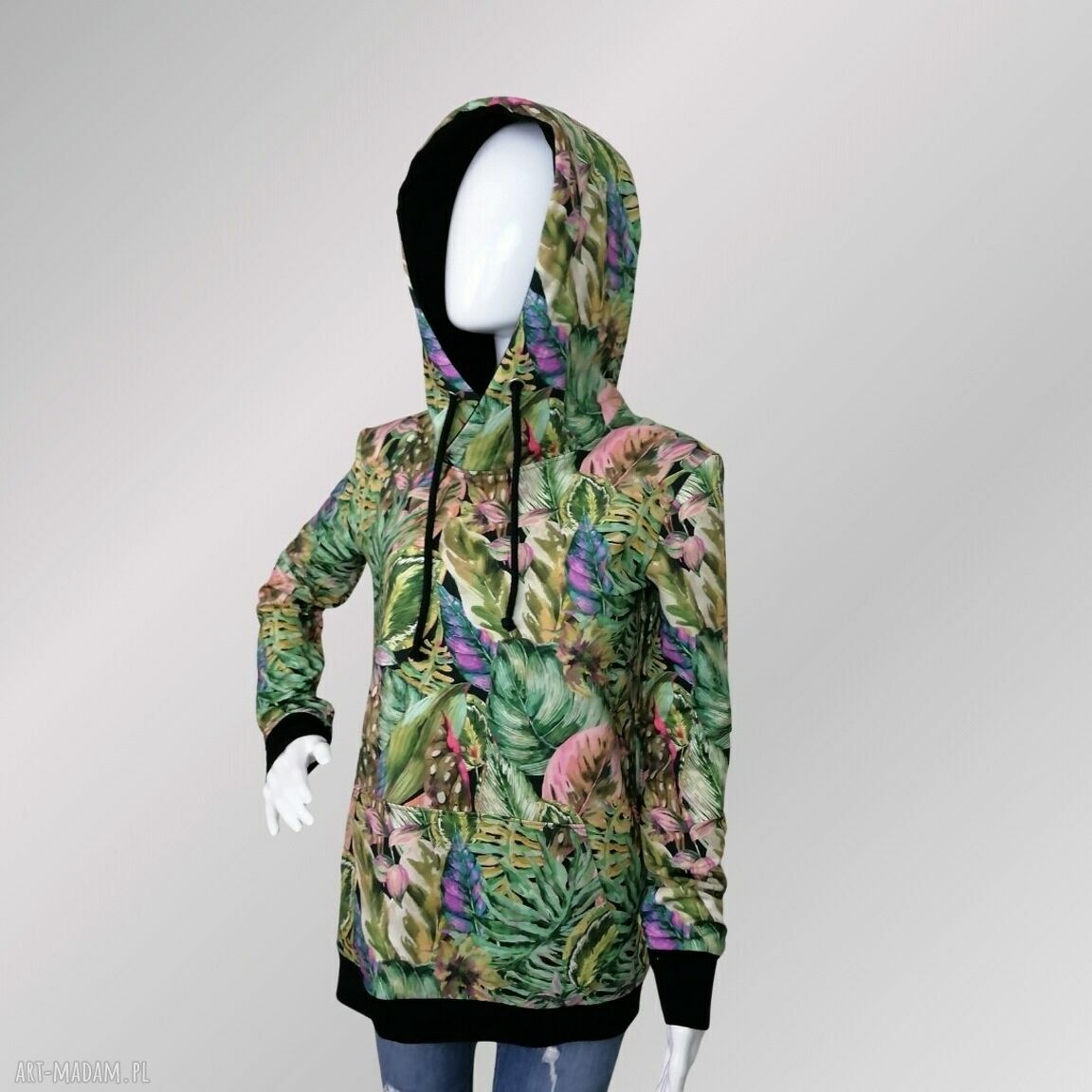 Bluza damska kangurka z kapturem - egzotyczne liście (rękodzieło)